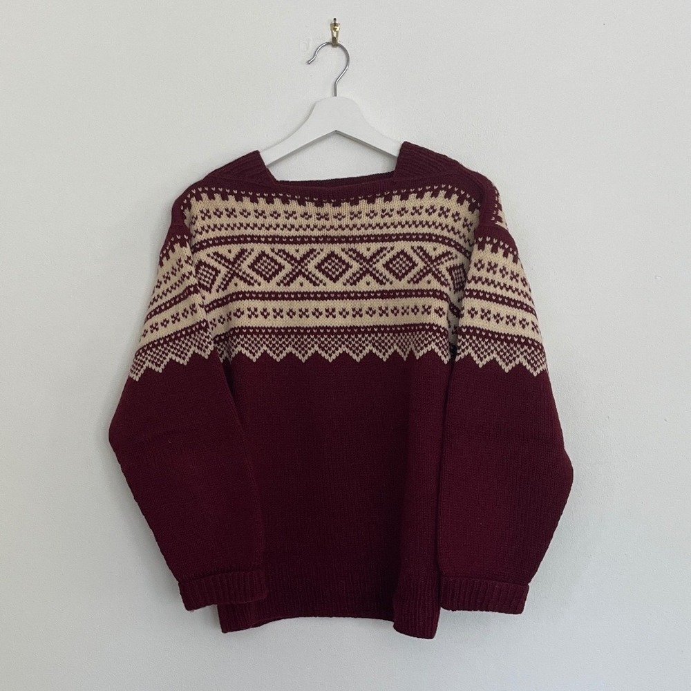 Nore Knit Handcrafted Norway Wool Fair Isle Sweater Burgundy Cream Nordic Large